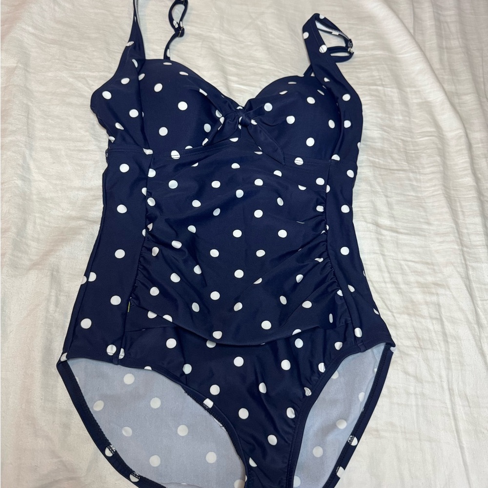 Kona Sol Navy Polka Dot Ruched One Piece Swimsuit Size S